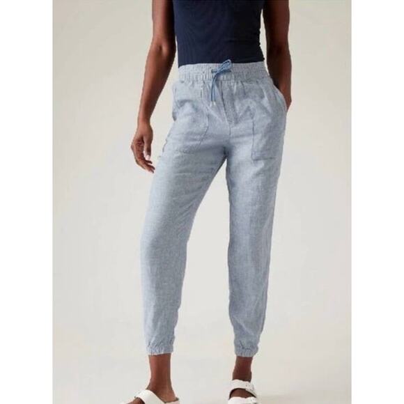 Athleta Womens Retreat Linen Pant 6 Tall Blue Zipper Pocket Athleisure Casual - Picture 1 of 11